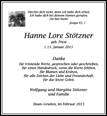 Todesanzeige von Hanne Lore Stötzner von Rheinische Post