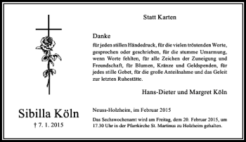 Todesanzeige von Sibilla Köln von Rheinische Post