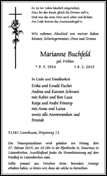 Todesanzeige von Buchfeld Marianne von Rheinische Post
