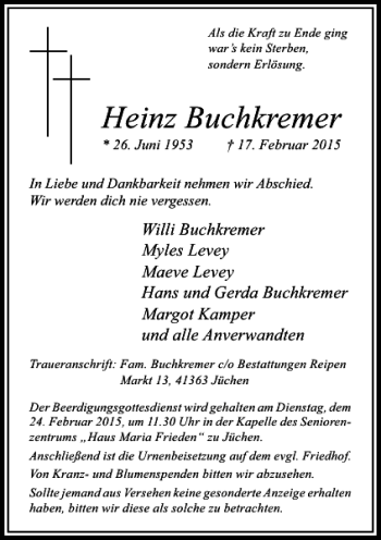 Todesanzeige von Buchkremer Heinz von Rheinische Post