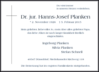 Todesanzeige von jur. Hanns-Josef Planken Dr. von Rheinische Post