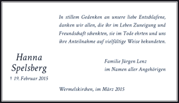 Todesanzeige von Spelsberg Hanna von Rheinische Post