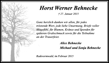 Todesanzeige von Werner Behnecke Horst von Rheinische Post