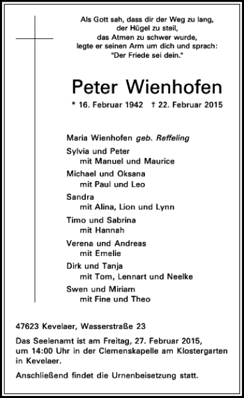 Todesanzeige von Wienhofen Peter von Rheinische Post