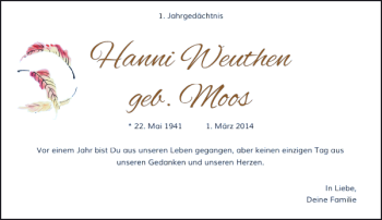 Todesanzeige von Weuthen geb. Moos Hanni von Rheinische Post