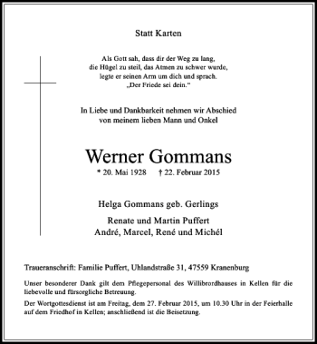 Todesanzeige von Gommans Werner von Rheinische Post