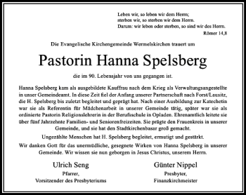 Todesanzeige von Hanna Spelsberg Pastorin von Rheinische Post