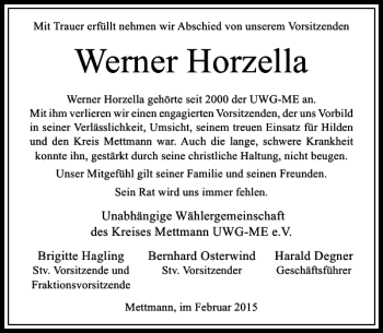 Todesanzeige von Horzella Werner von Rheinische Post