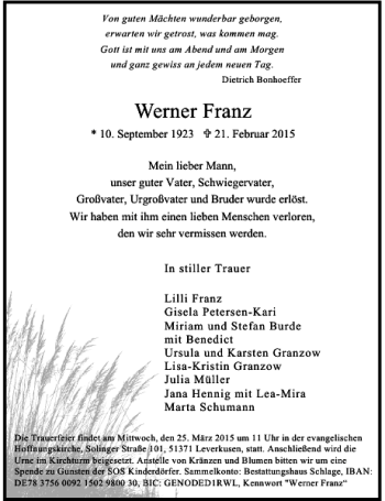 Todesanzeige von Franz Werner von Rheinische Post