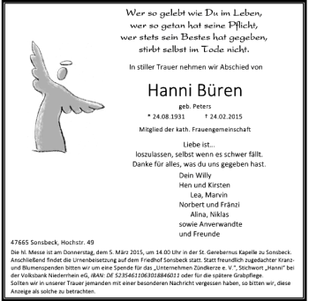 Todesanzeige von Büren Hanni von Rheinische Post
