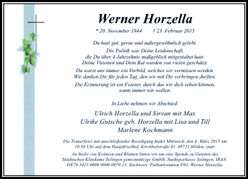 Todesanzeige von Horzella Werner von Rheinische Post