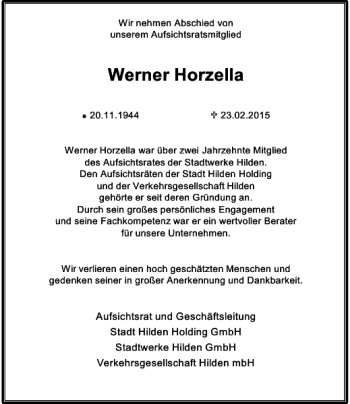 Todesanzeige von Horzella Werner von Rheinische Post