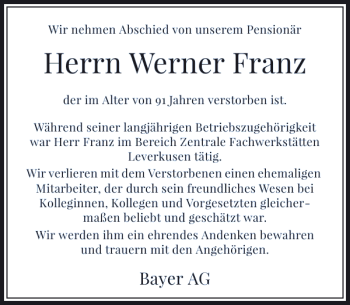 Todesanzeige von Franz Werner von Rheinische Post