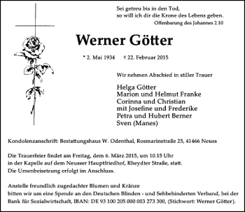 Todesanzeige von Götter Werner von Rheinische Post