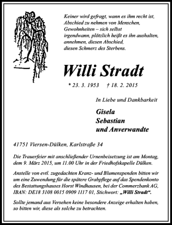 Todesanzeige von Stradt Willi von Rheinische Post