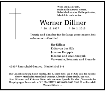 Todesanzeige von Dillner Werner von Rheinische Post