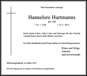 Todesanzeige von Hurtmanns Hannelore von Rheinische Post