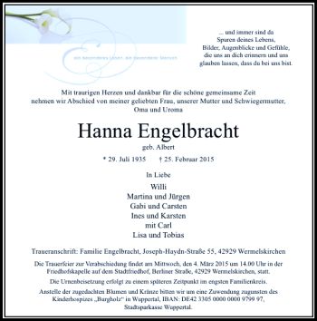 Todesanzeige von Engelbracht Hanna von Rheinische Post