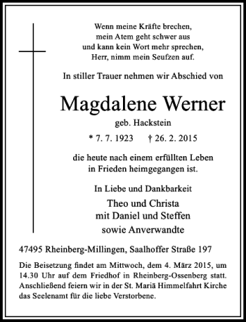 Todesanzeige von Werner Magdalene von Rheinische Post