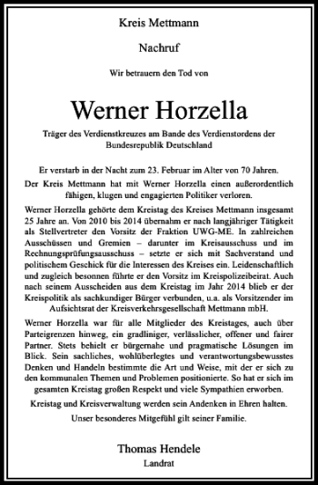 Todesanzeige von Horzella Werner von Rheinische Post