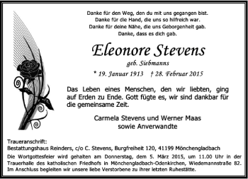 Todesanzeige von Stevens Eleonore von Rheinische Post