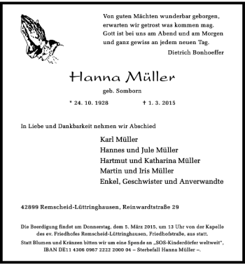Todesanzeige von Müller Hanna von Rheinische Post