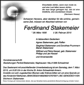 Todesanzeige von Stakemeier Ferdinand von Rheinische Post