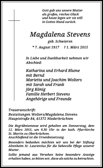 Todesanzeige von Stevens Magdalena von Rheinische Post