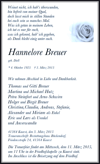 Todesanzeige von Breuer Hannelore von Rheinische Post