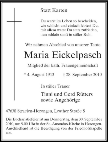 Todesanzeige von Maria Eickelpasch von Rheinische Post