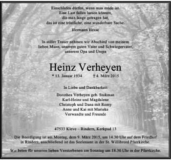 Todesanzeige von Verheyen Heinz von Rheinische Post
