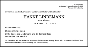 Todesanzeige von LINDEMANN HANNE von Rheinische Post