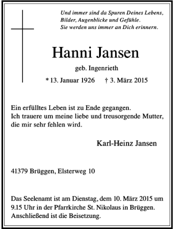 Todesanzeige von Jansen Hanni von Rheinische Post