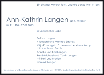 Todesanzeige von Langen Ann-Kathrin von Rheinische Post