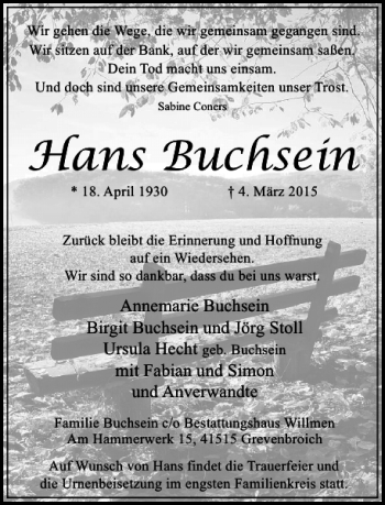 Todesanzeige von Buchsein Hans von Rheinische Post