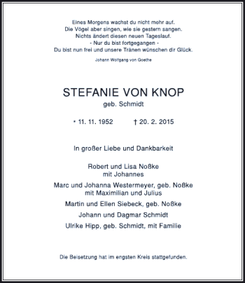 Todesanzeige von von Knop Stefanie von Rheinische Post