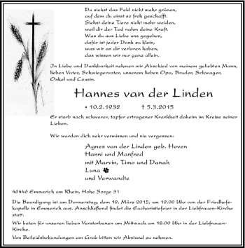 Todesanzeige von van der Linden Hannes von Rheinische Post