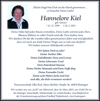 Todesanzeige von Kiel Hannelore von Rheinische Post