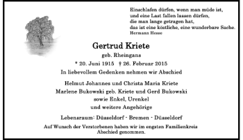 Todesanzeige von Kriete Gertrud von Rheinische Post