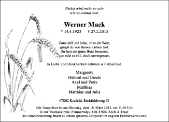 Todesanzeige von Mack Werner von Rheinische Post