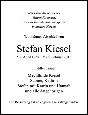 Todesanzeige von Kiesel Stefan von Rheinische Post