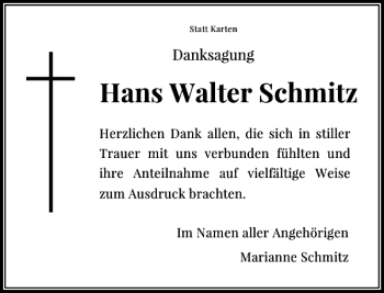 Todesanzeige von Walter Schmitz Hans von Rheinische Post