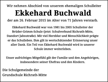 Todesanzeige von Buchwald Ekkehard von Rheinische Post
