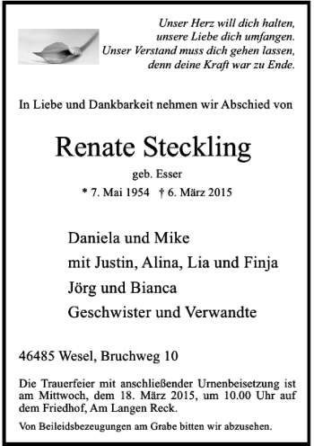 Todesanzeige von Steckling Renate von Rheinische Post