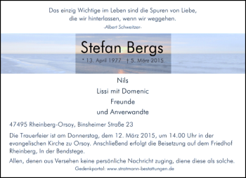 Todesanzeige von Bergs Stefan von Rheinische Post