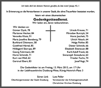 Todesanzeige von der Stadt Duisburg Gedenkgottesdienst von Rheinische Post