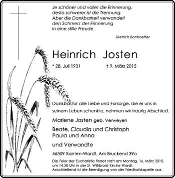 Todesanzeige von Josten Heinrich von Rheinische Post