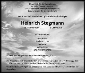 Todesanzeige von Stegmann Heinrich von Rheinische Post