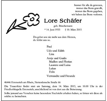Todesanzeige von Schäfer Lore von Rheinische Post