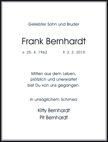Todesanzeige von Bernhardt Frank von Rheinische Post